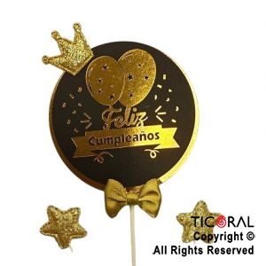 CAKE TOPPER CON 2 ESTRELLAS FELIZ CUMPLEAÑOS ORO Y NEGRO